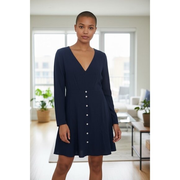 Hutch Willow Dress Navy Blue V- Neck Long SleeveButton Front Fit Flare Mini Sz S - Picture 1 of 11